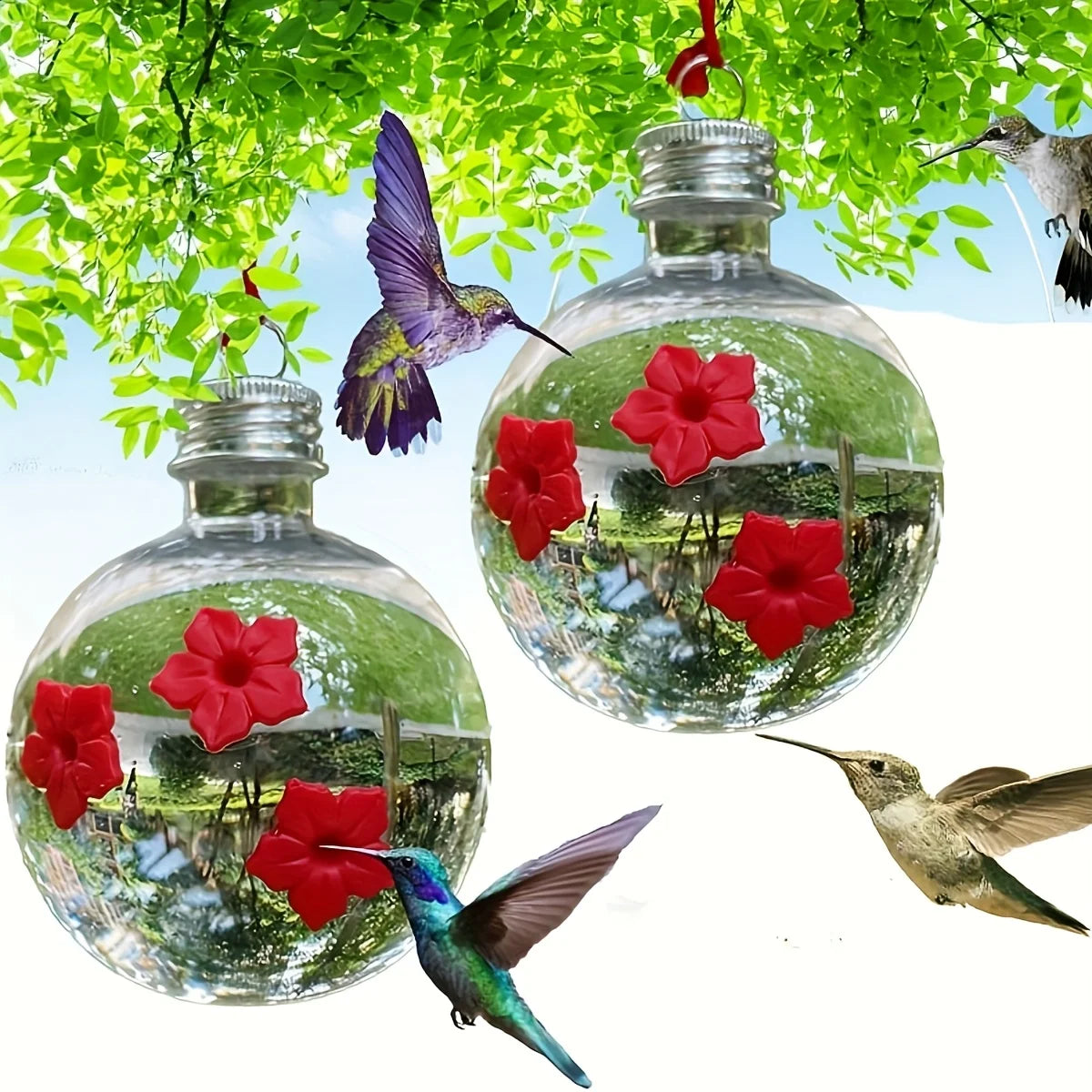 Kit 2 Bebedouros para Beija-Flor em Formato de Flor – Alimentador para Pássaros com 3 Saídas, Resistente e Decorativo