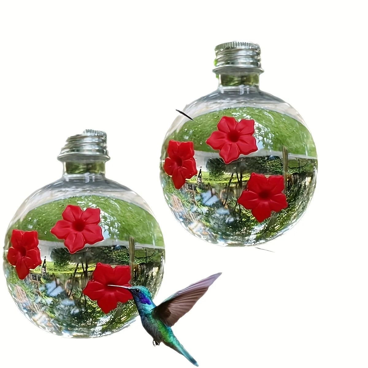 Kit 2 Bebedouros para Beija-Flor em Formato de Flor – Alimentador para Pássaros com 3 Saídas, Resistente e Decorativo